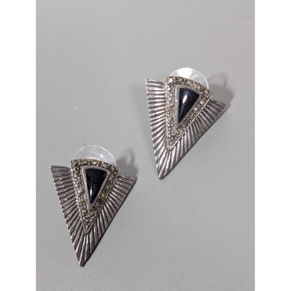 Art Deco Revival 925 Black Marcasite Triangle Drop Earrings Pierced - Picture 1 of 8